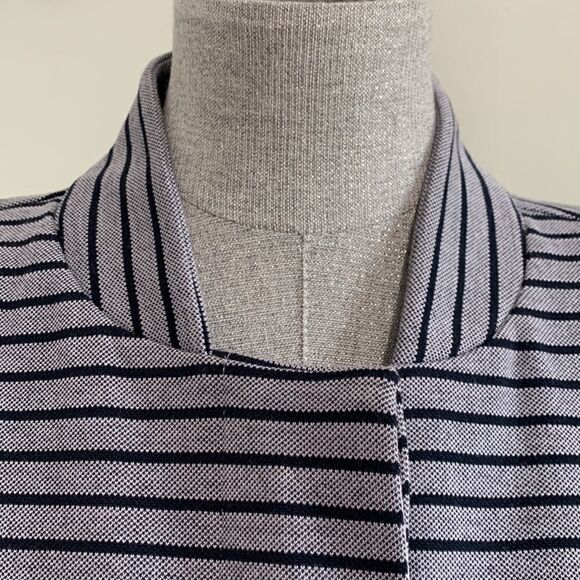 Cabi Grey And Navy Striped Hidden Button 3/4 Sleeve Coat Size L W/Shoulder Pads - Picture 5 of 17